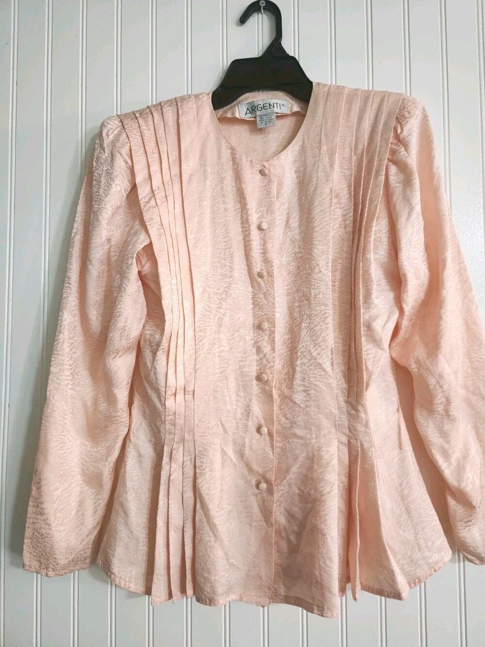 Vintage 80s Argenti 100% Silk Peplum Blouse Pink Shoulder Pads Button Up Pleated